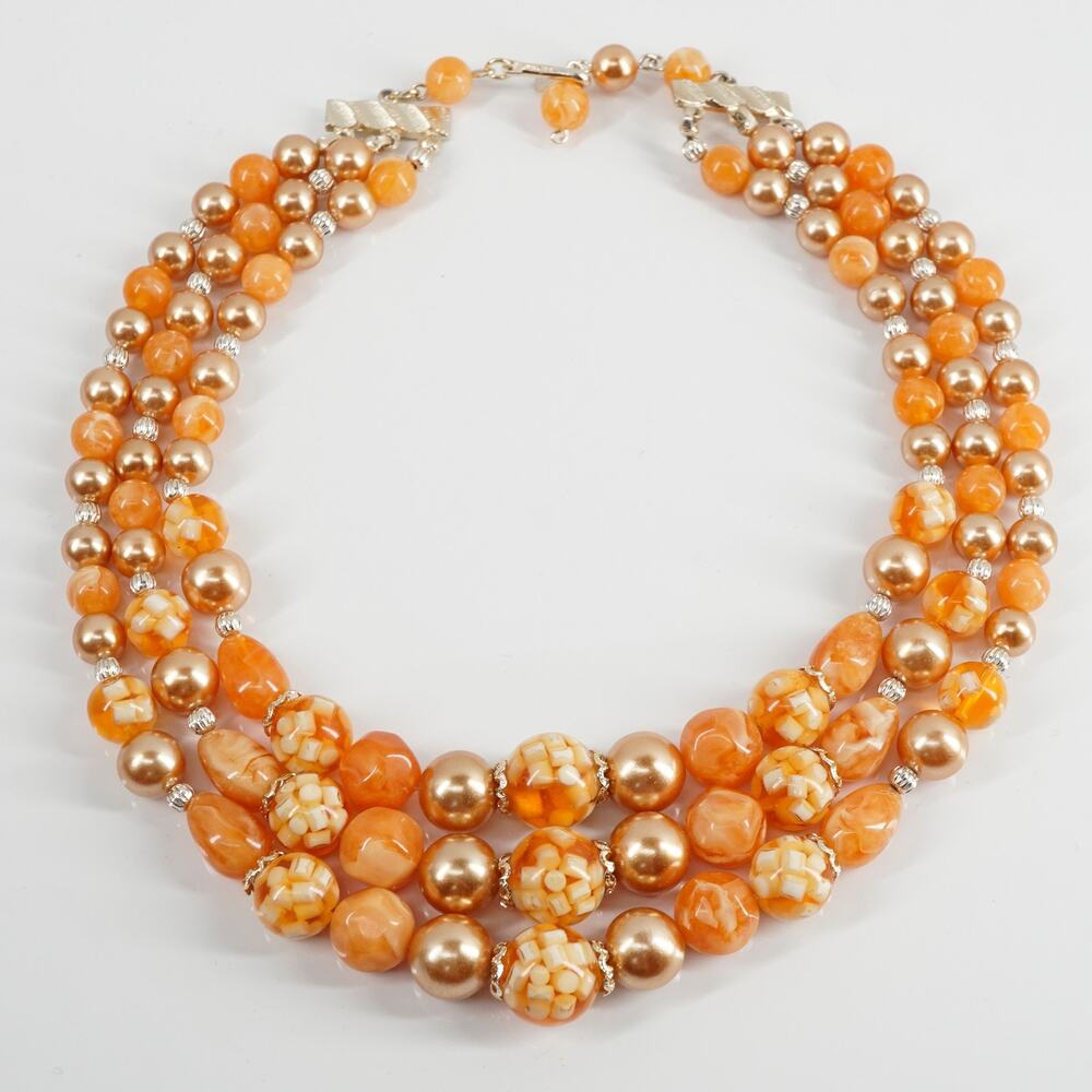 Vintage 1960s Lucite Acrylic Orange 3 Multi Strand Layered Chunky Necklace